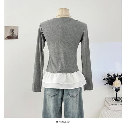 Color-Block Crew Neck Fitted Top with Ruffled Hem