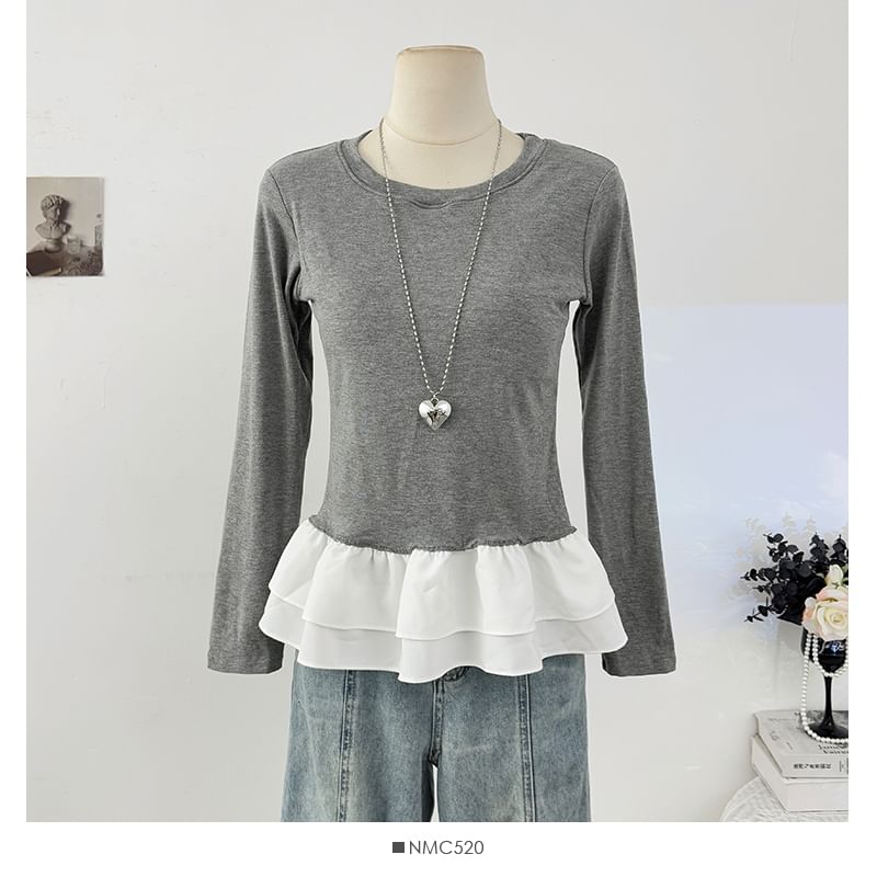 Color-Block Crew Neck Fitted Top with Ruffled Hem