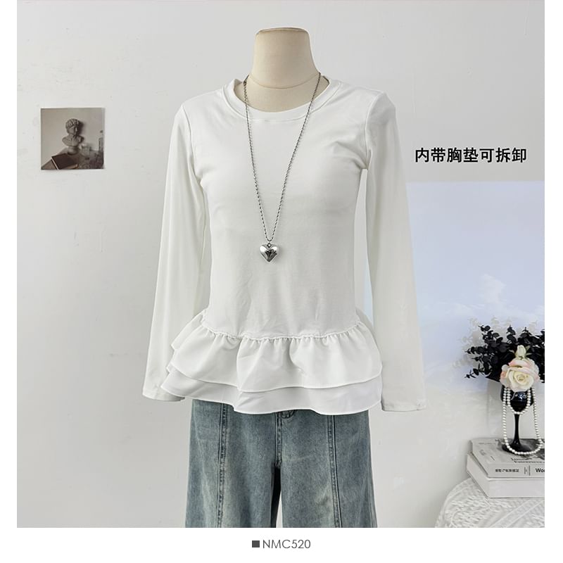 Color-Block Crew Neck Fitted Top with Ruffled Hem