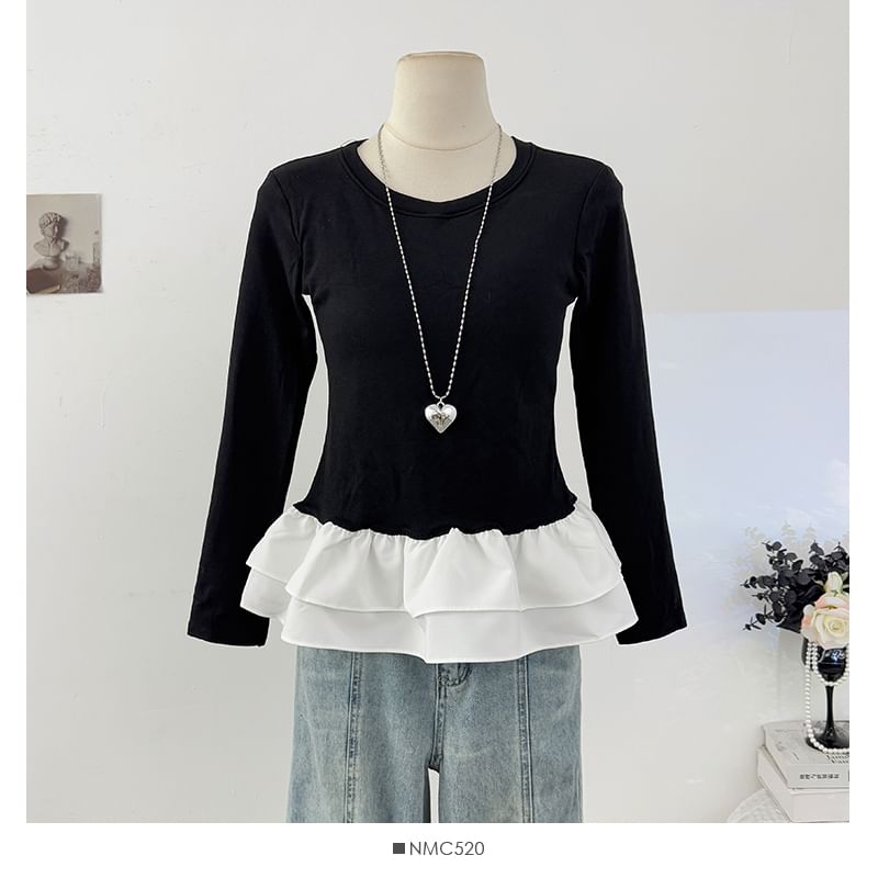 Color-Block Crew Neck Fitted Top with Ruffled Hem