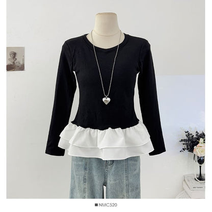 Color-Block Crew Neck Fitted Top with Ruffled Hem