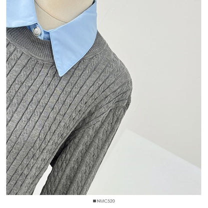 Long Sleeve Ribbed Knit Top with Mock Two-Piece Paneling