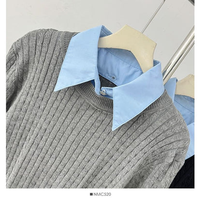 Long Sleeve Ribbed Knit Top with Mock Two-Piece Paneling