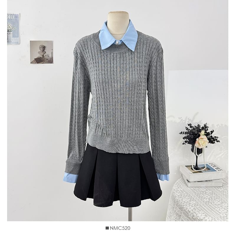 Long Sleeve Ribbed Knit Top with Mock Two-Piece Paneling