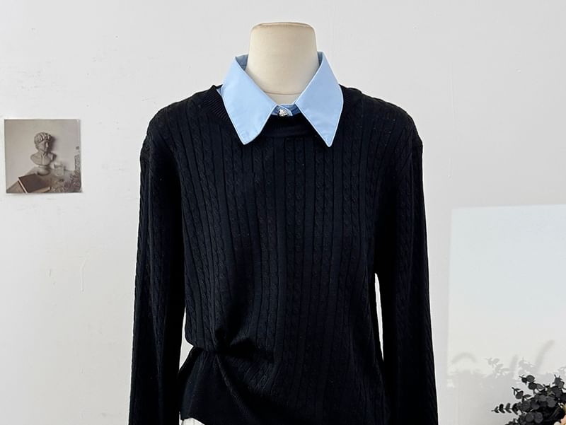 Long Sleeve Ribbed Knit Top with Mock Two-Piece Paneling