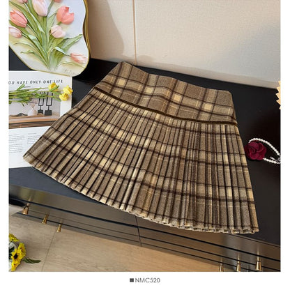Plaid Pleated Mini Skirt - High Waist A-Line