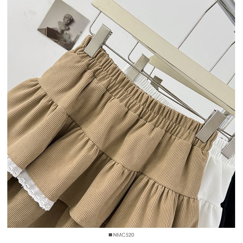 Lace-Trim Layered Mini Skirt - High Waist A-Line
