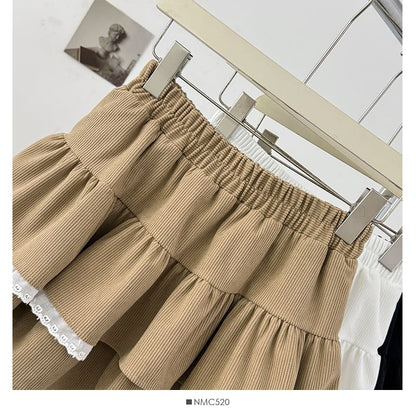 Lace-Trim Layered Mini Skirt - High Waist A-Line