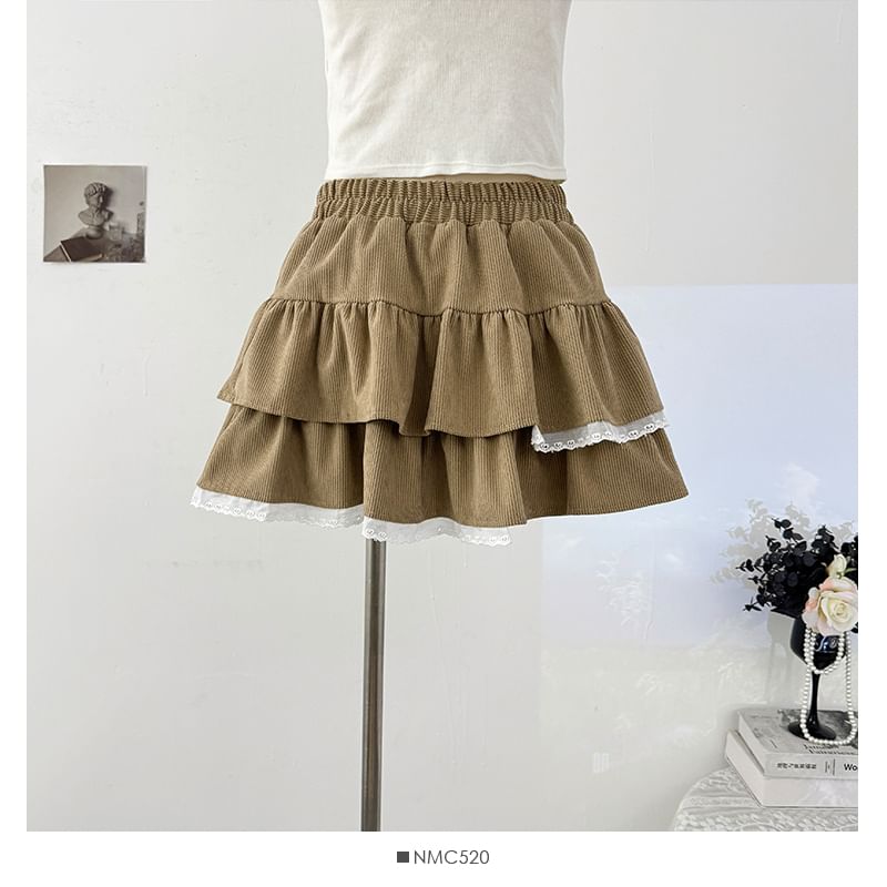 Lace-Trim Layered Mini Skirt - High Waist A-Line