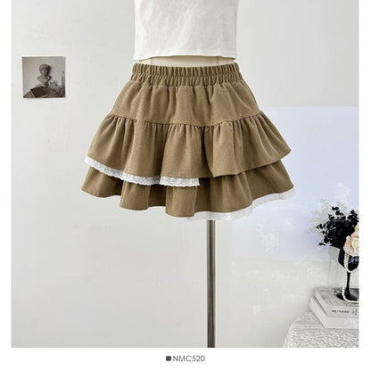 Lace-Trim Layered Mini Skirt - High Waist A-Line