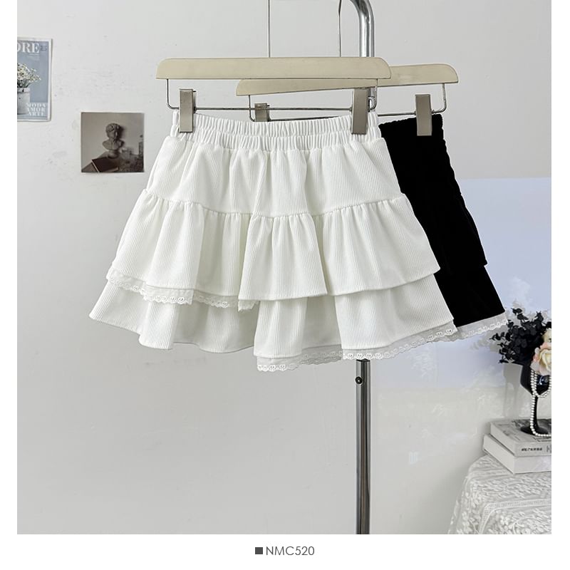 Lace-Trim Layered Mini Skirt - High Waist A-Line