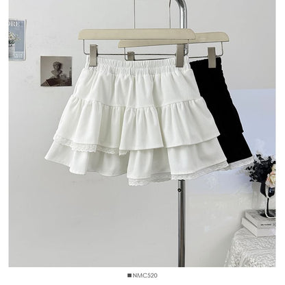 Lace-Trim Layered Mini Skirt - High Waist A-Line