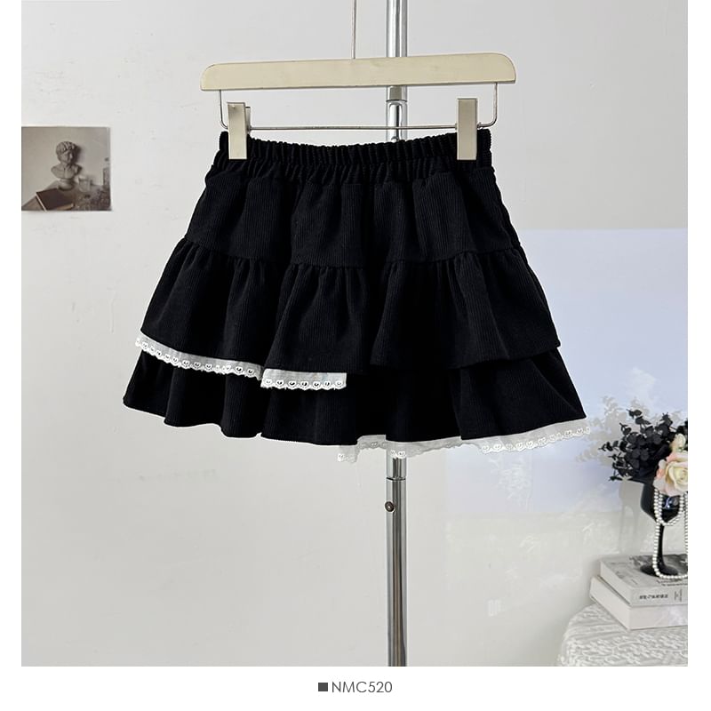 Lace-Trim Layered Mini Skirt - High Waist A-Line