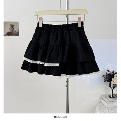 Lace-Trim Layered Mini Skirt - High Waist A-Line