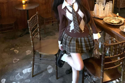 Argyle Sweater & Plaid Mini A-Line Skirt Set
