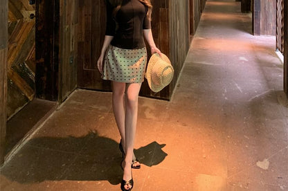 Elbow-Sleeve Knit Top & Dotted Mini Skirt