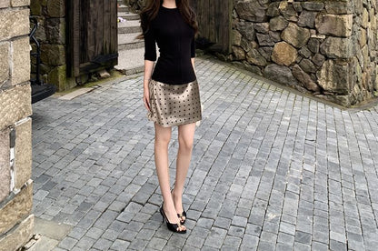 Elbow-Sleeve Knit Top & Dotted Mini Skirt