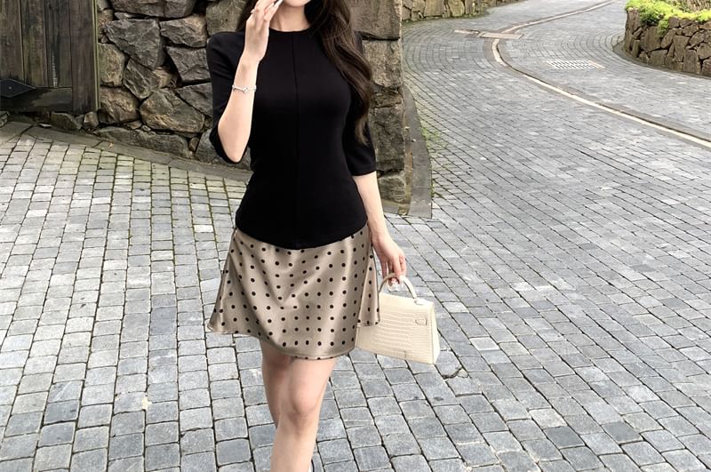 Elbow-Sleeve Knit Top & Dotted Mini Skirt