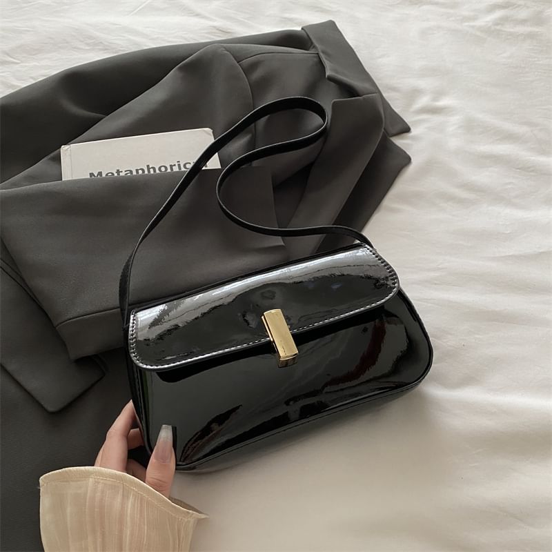 Plain Patent Leather Flap Shoulder Bag