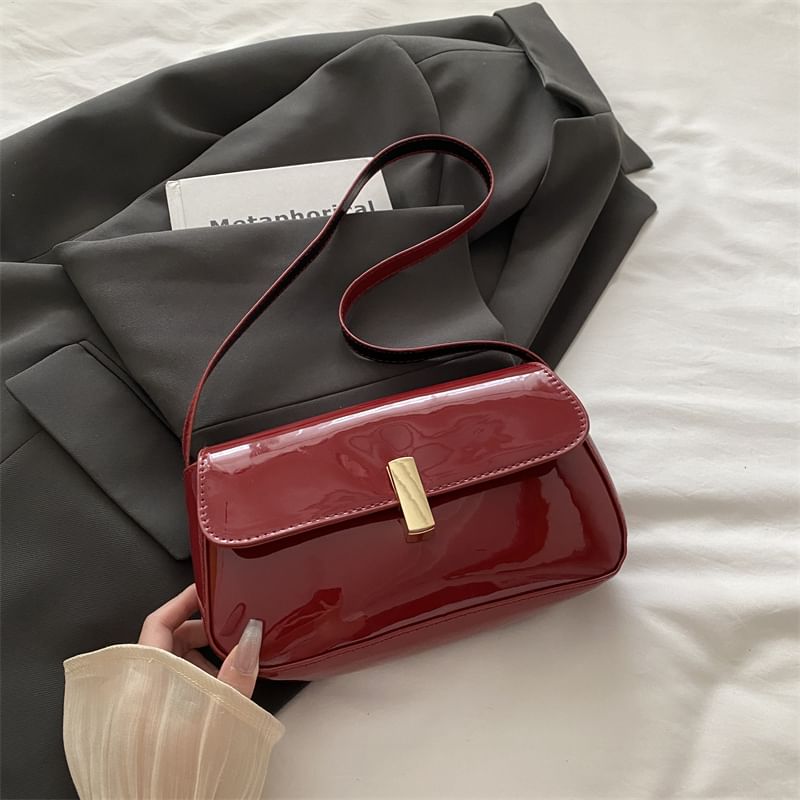 Plain Patent Leather Flap Shoulder Bag