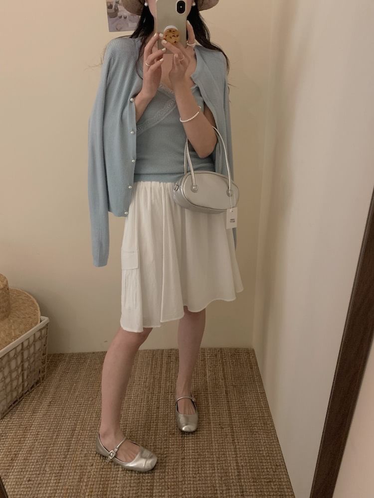 Set: Lace Trim Ribbed Knit Camisole Top + Crew Neck Faux Pearl Cardigan