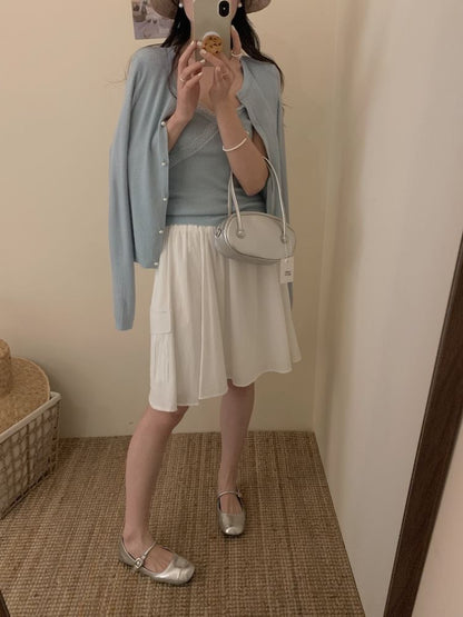 Set: Lace Trim Ribbed Knit Camisole Top + Crew Neck Faux Pearl Cardigan
