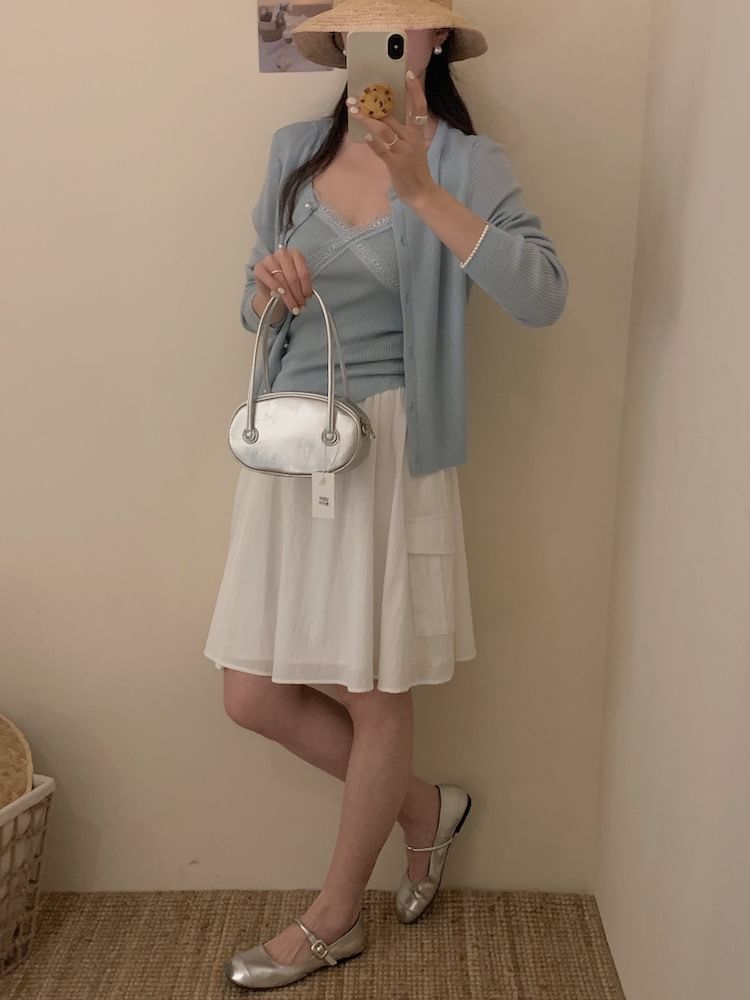 Set: Lace Trim Ribbed Knit Camisole Top + Crew Neck Faux Pearl Cardigan