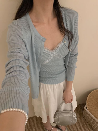Set: Lace Trim Ribbed Knit Camisole Top + Crew Neck Faux Pearl Cardigan