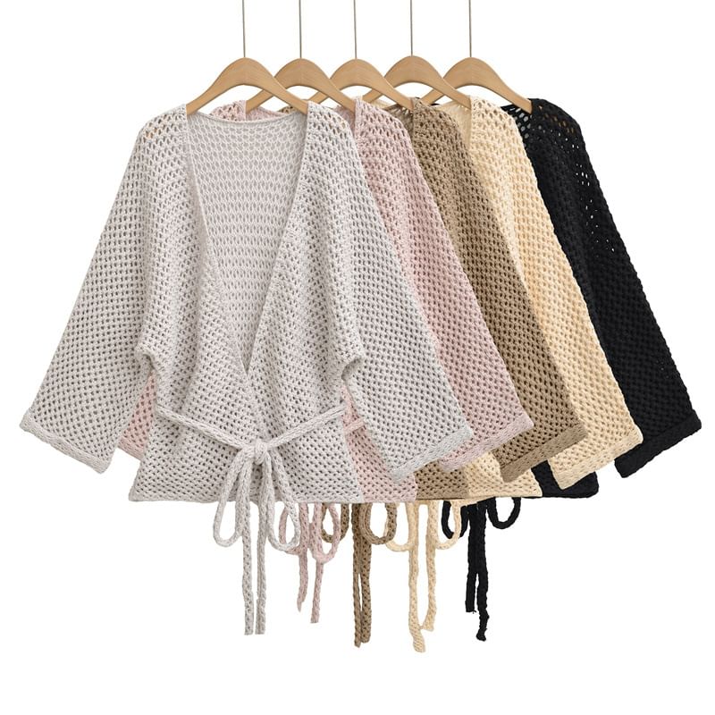 V-Neck Perforated Tie Waist Plain Wrap Cardigan