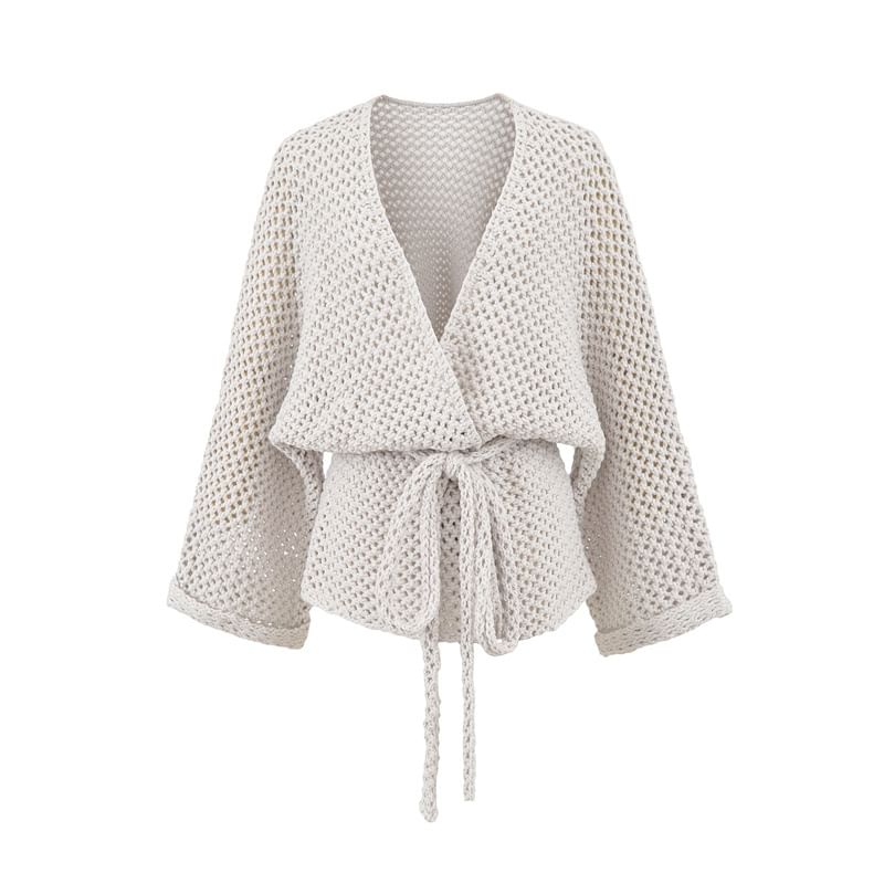 V-Neck Perforated Tie Waist Plain Wrap Cardigan