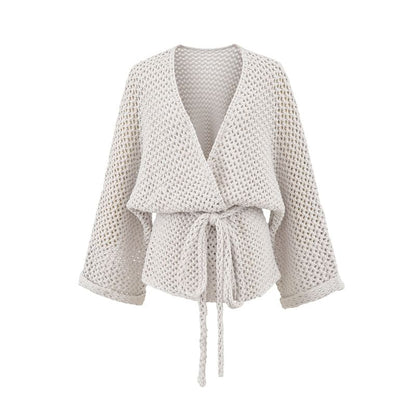 V-Neck Perforated Tie Waist Plain Wrap Cardigan