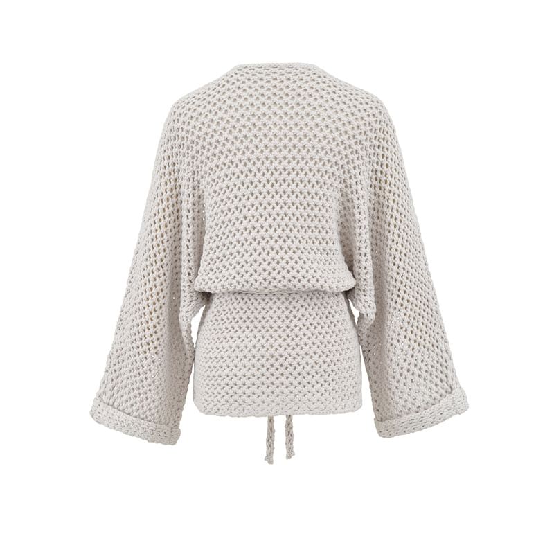 V-Neck Perforated Tie Waist Plain Wrap Cardigan