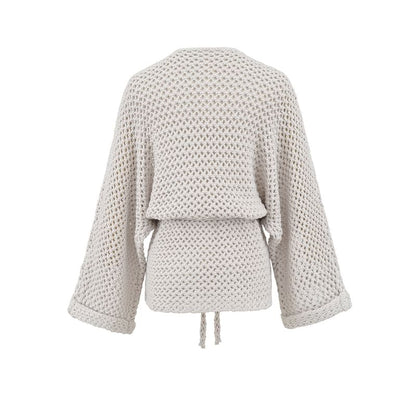 V-Neck Perforated Tie Waist Plain Wrap Cardigan