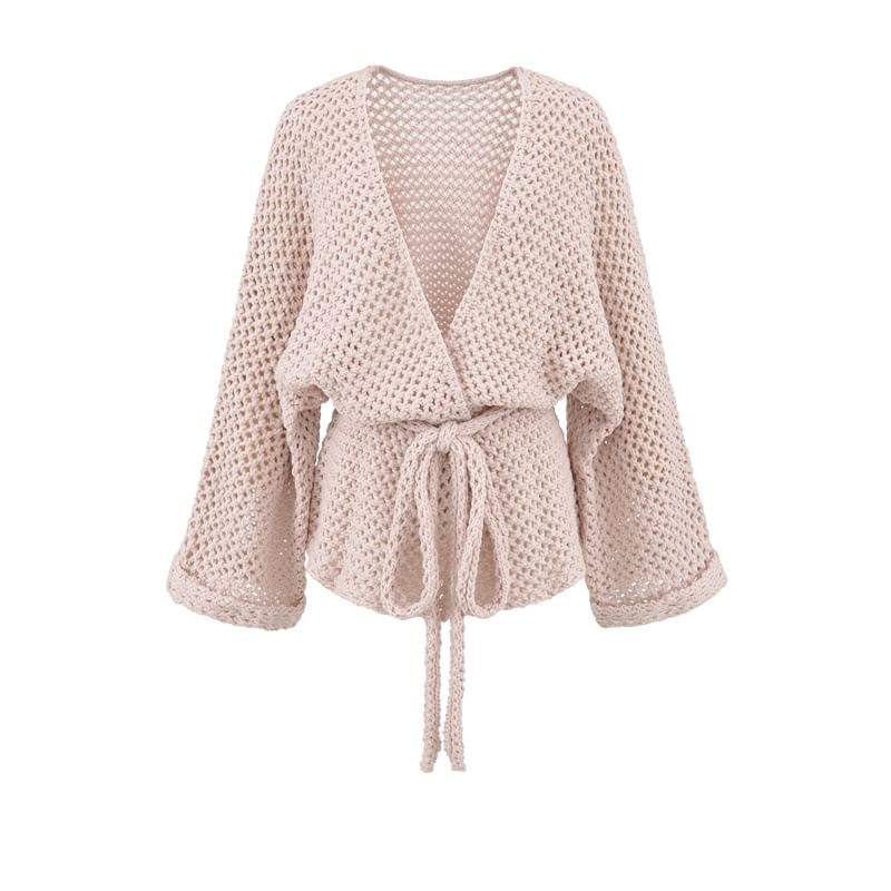 V-Neck Perforated Tie Waist Plain Wrap Cardigan