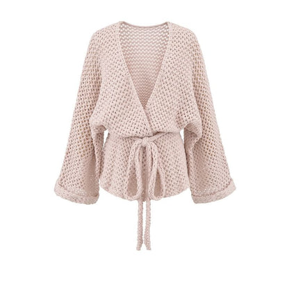 V-Neck Perforated Tie Waist Plain Wrap Cardigan