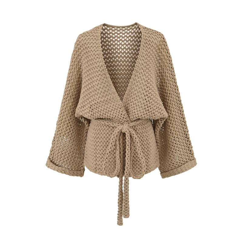 V-Neck Perforated Tie Waist Plain Wrap Cardigan