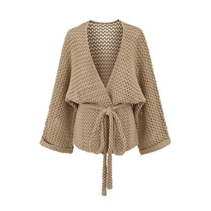 V-Neck Perforated Tie Waist Plain Wrap Cardigan
