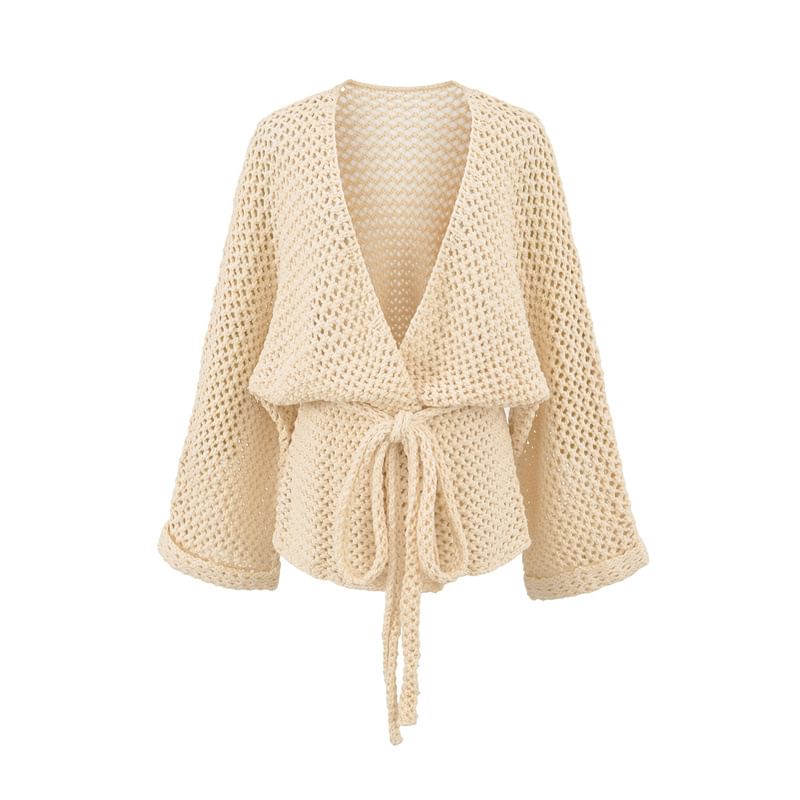 V-Neck Perforated Tie Waist Plain Wrap Cardigan