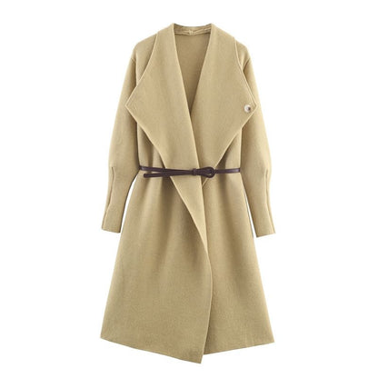 Set: Waterfall Collar Plain Open Front Long Cardigan + Belt