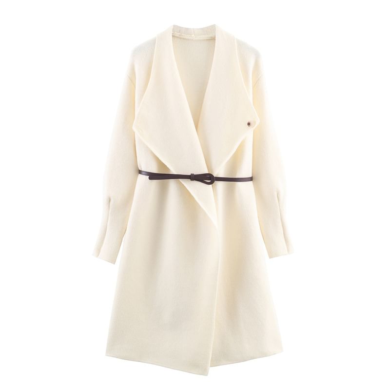 Set: Waterfall Collar Plain Open Front Long Cardigan + Belt