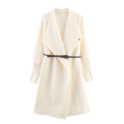 Set: Waterfall Collar Plain Open Front Long Cardigan + Belt