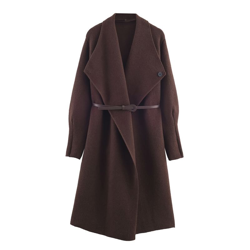 Set: Waterfall Collar Plain Open Front Long Cardigan + Belt