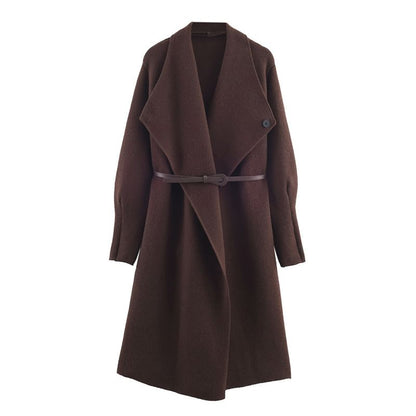 Set: Waterfall Collar Plain Open Front Long Cardigan + Belt