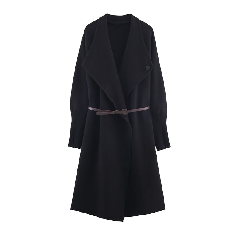 Set: Waterfall Collar Plain Open Front Long Cardigan + Belt