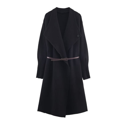 Set: Waterfall Collar Plain Open Front Long Cardigan + Belt