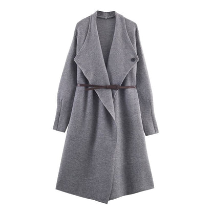 Set: Waterfall Collar Plain Open Front Long Cardigan + Belt