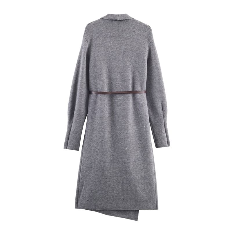 Set: Waterfall Collar Plain Open Front Long Cardigan + Belt
