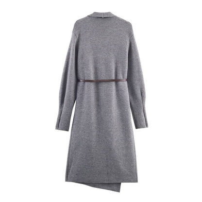 Set: Waterfall Collar Plain Open Front Long Cardigan + Belt