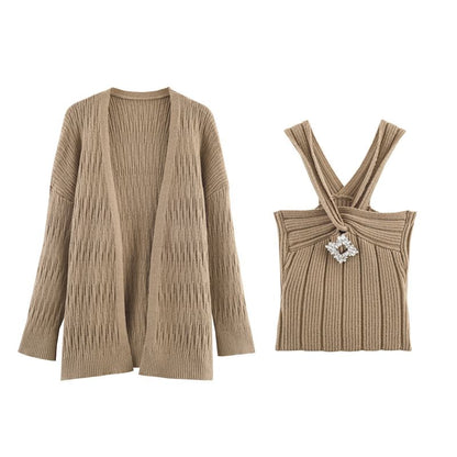 Set: Plain Open Front Cardigan + Halter Neck Rhinestone Accent Crop Knit Top