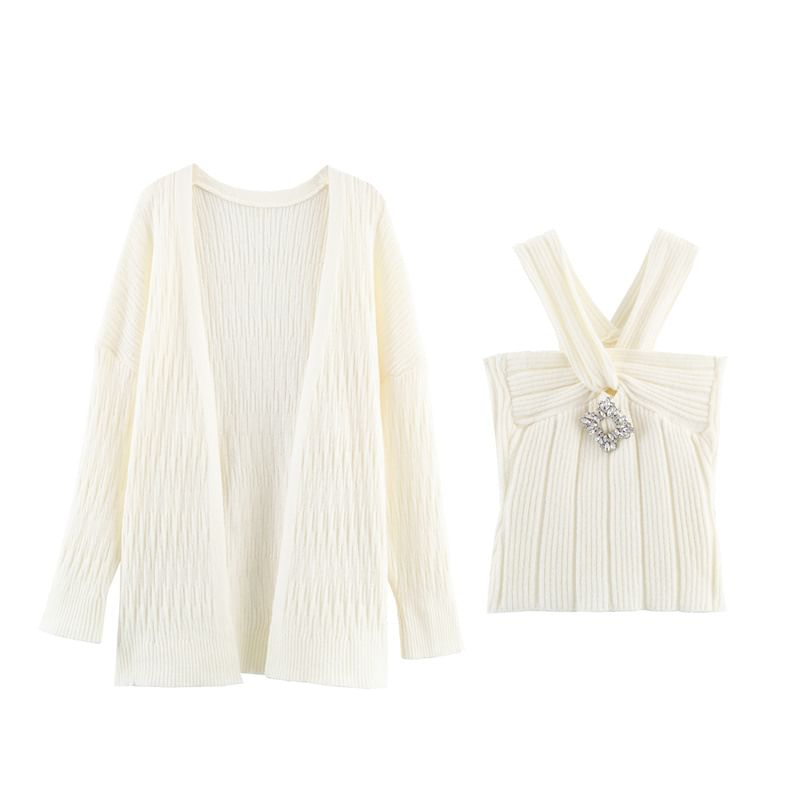 Set: Plain Open Front Cardigan + Halter Neck Rhinestone Accent Crop Knit Top